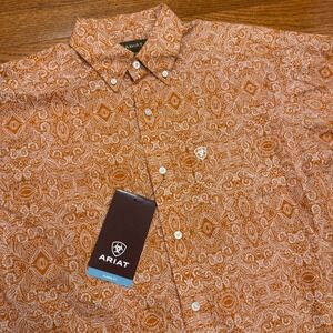 New Ariat Western Paisley Button Down Shirt Mens Medium Orange Cowboy Rodeo